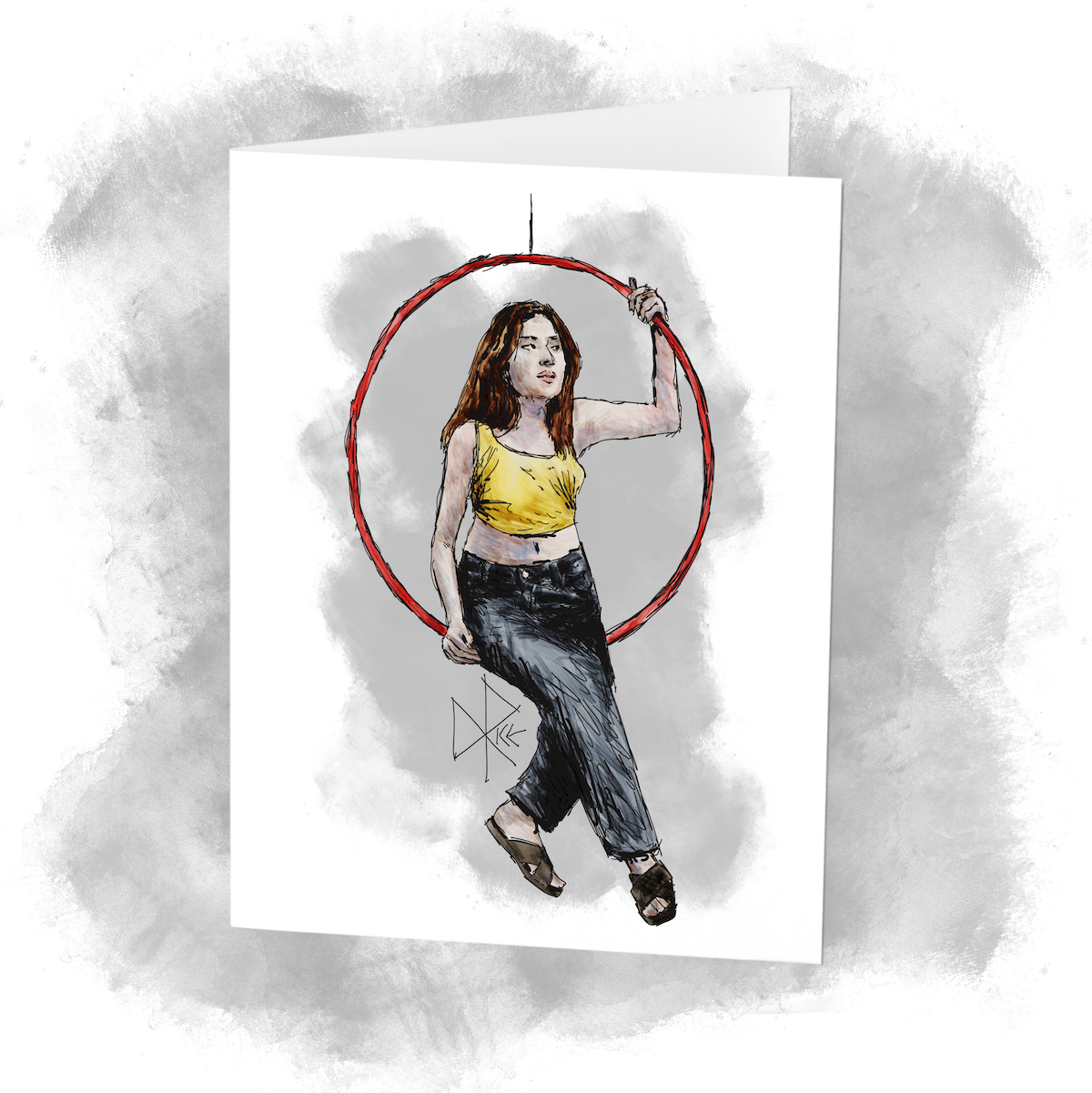 A woman perches on the bottom portion of a hanging red hula hoop, enjoying the considerable range of motion that it permits. Sketch art by Don Rice.