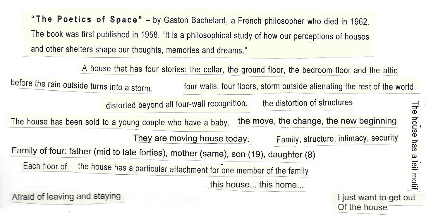 Image shows bits of text, sentences, phrases, words, cut out and stuck to a piece of paper. Old printed notes read: "The Poetics of Space" by Gaston Bachelard, a French philosopher who died in 1962. The book was first published in 1958. Quoting Bachelard: "It is a philosophical study of how our perceptions of houses and other shelters shape our thoughts, memories and dreams." End quote. Then old printed notes read: A house that has four stories: the cellar, the ground floor, the bedroom floor and the attic. Before the rain outside turns into a storm. Four walls, four floors, storm outside alienating the rest of the world. Distorted beyond all four-wall recognition. The distortion of structures. The house has been sold to a young couple who have a baby. The move, the change, the new beginning. They are moving house today. Family, structure, intimacy, security. Family of four: father (mid to late forties), mother (same), son (19), daughter (8). Each floor of the house has a particular attachment for one member of the family. This house... this home. Afraid of leaving and staying. I just want to get out of the house. The house has a leit motif.