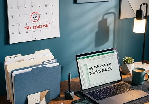 Editorial-style image of a nonprofit workspace with a laptop displaying a reminder about the May 15 tax filing deadline, a wall calendar marked “Tax Deadline,” organized folders, a calculator, and governance notes on a wooden desk under warm lighting.