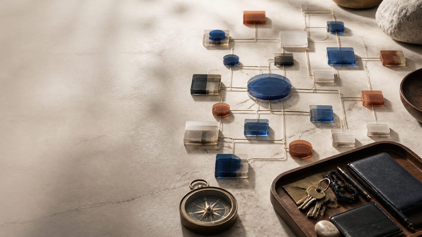 Geometric network diagram with colored shapes next to a tray holding keys, a wallet, and a compass.