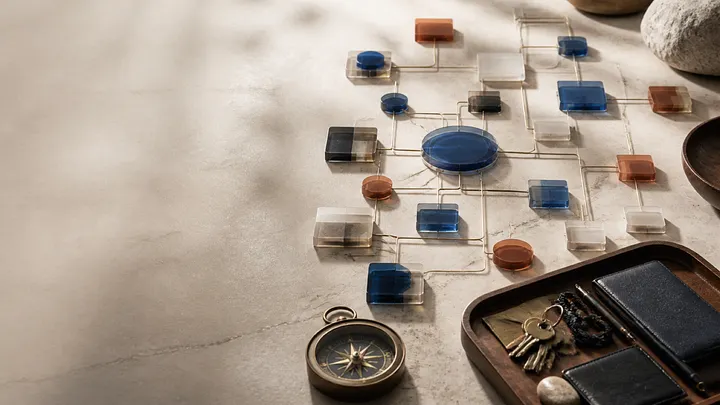 Geometric network diagram with colored shapes next to a tray holding keys, a wallet, and a compass.