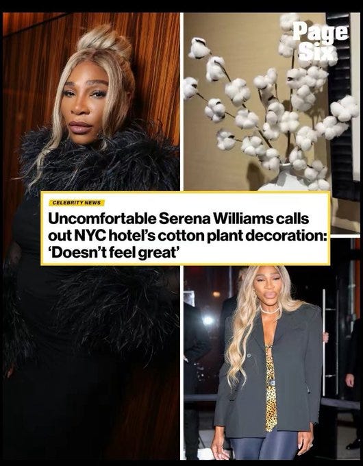 Serena Williams with blonde hair styled in a high bun, wearing a black fur coat. Serena Williams with long blonde hair, wearing a dark blazer and pants. Cotton plant decoration with white cotton bolls on branches. Text overlay reading "Page Six" and "Uncomfortable Serena Williams calls out NYC hotel\'s cotton decoration: \'Doesn\'t feel great\'". Serena Williams with blonde hair styled in a high bun, wearing a black fur coat. Serena Williams with long blonde hair, wearing a dark blazer and pants. Cotton plant decoration with white cotton bolls on branches. Text overlay reading "Page Six" and "Uncomfortable Serena Williams calls out NYC hotel\'s cotton decoration: \'Doesn\'t feel great\'".