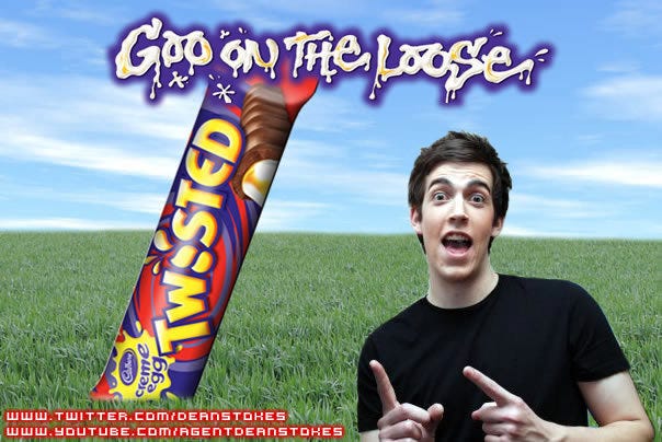 Dean enthusiastically pointing to a Creme Egg Twisted bar with the heading 'Goo on the Loose'