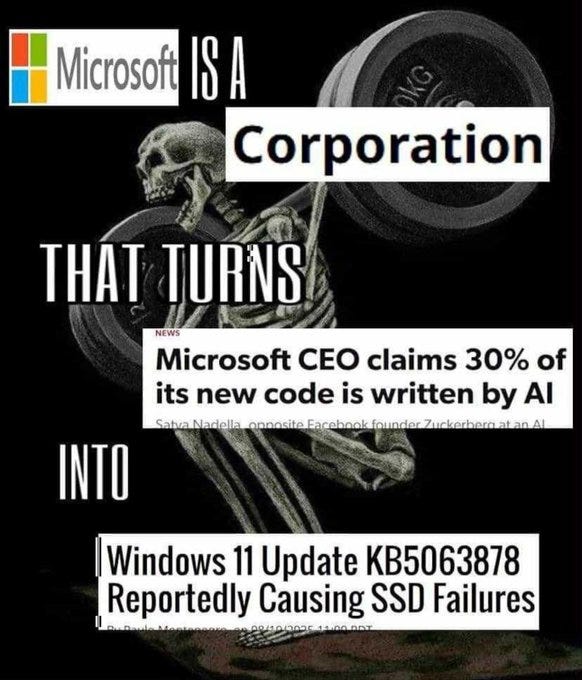 Muscular skeleton figure with skull head lifts large barbell weights labeled Microsoft, positioned in dark background. Text overlays read Microsoft is a Corporation that turns news into code. Newspaper headline states Microsoft CEO claims 30 percent of its new code is written by AI from Zuckerberg at Meta. Additional headline mentions Windows 11 update KB506387 reportedly causing SSD failures. Satya Nadella name visible in text.