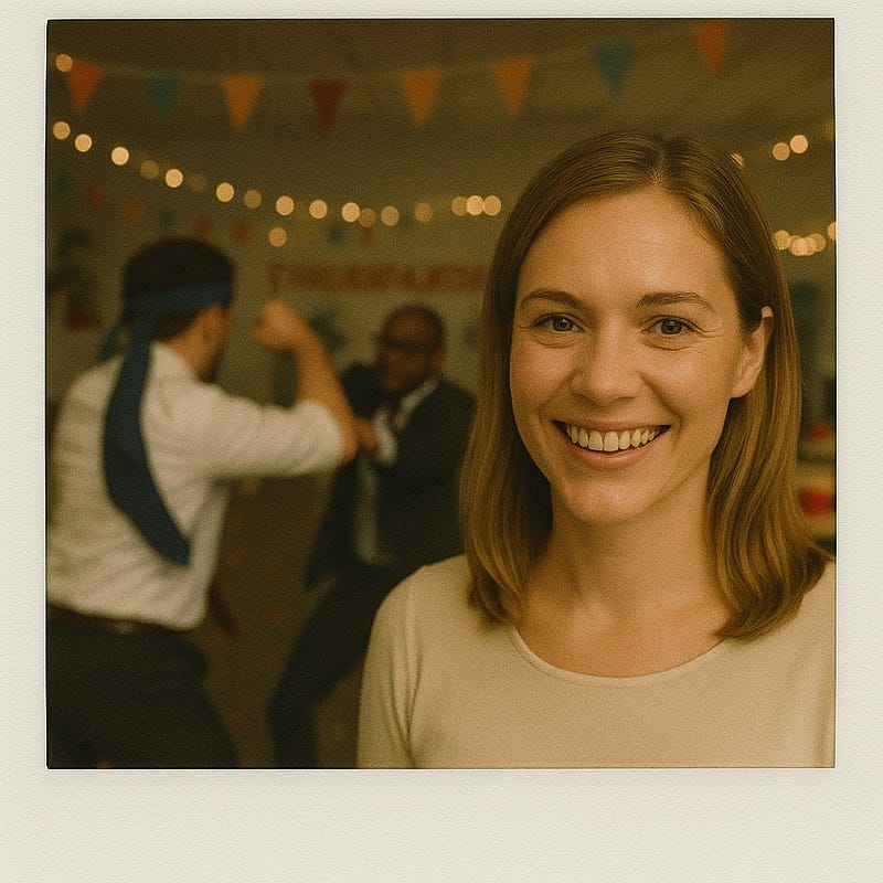 A woman in the foreground smiling into the lens. In the background, slightly out of focus, two men square up. Fists raised. A woman in the foreground smiling into the lens. In the background, slightly out of focus, two men square up. Fists raised.