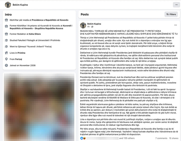 Një postim publik me nxitje dhune ndaj Presidentes u pasua nga reagimi zyrtar i Presidencës, që e kornizon gjuhën e përdorur si thirrje për dhunë dhe njofton hapa ligjorë. Rasti nxjerr qartë vijën ndarëse mes kritikës politike dhe diskursit që e rrezikon rendin demokratik, duke vënë në provë përgjegjësinë e fjalës publike dhe besueshmërinë e institucioneve.