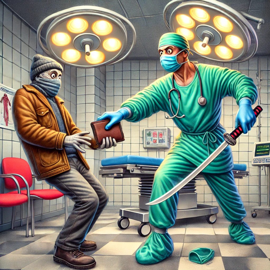 A humorous and surreal depiction of a surgeon dressed in full surgical scrubs, including a mask and gloves, wielding a katana while taking a wallet from a surprised individual. The setting is a mix of a hospital operating room and an exaggerated comic-style street scene. The surgeon's pose is dynamic, holding the katana confidently while reaching for the wallet, and the individual appears confused and startled. The overall atmosphere is playful and slightly absurd, with vibrant colors and exaggerated details to emphasize the comedic tone.