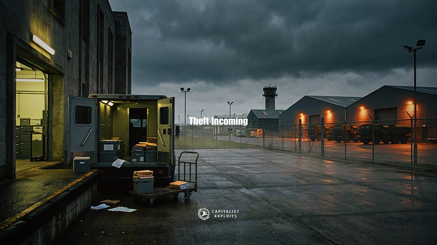 Industrial facility with loading dock, security fencing, and stormy evening sky Industrial facility with loading dock, security fencing, and stormy evening sky