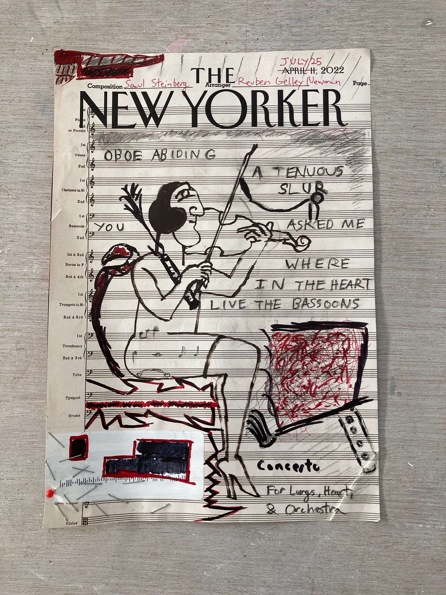 A collage on a New Yorker Saul Steinberg cover from April 11, 2022, which has a figure playing violin with the backdrop of a blank orchestral score. I’ve added ink drawings in red and black, sewing pins, and the text below.