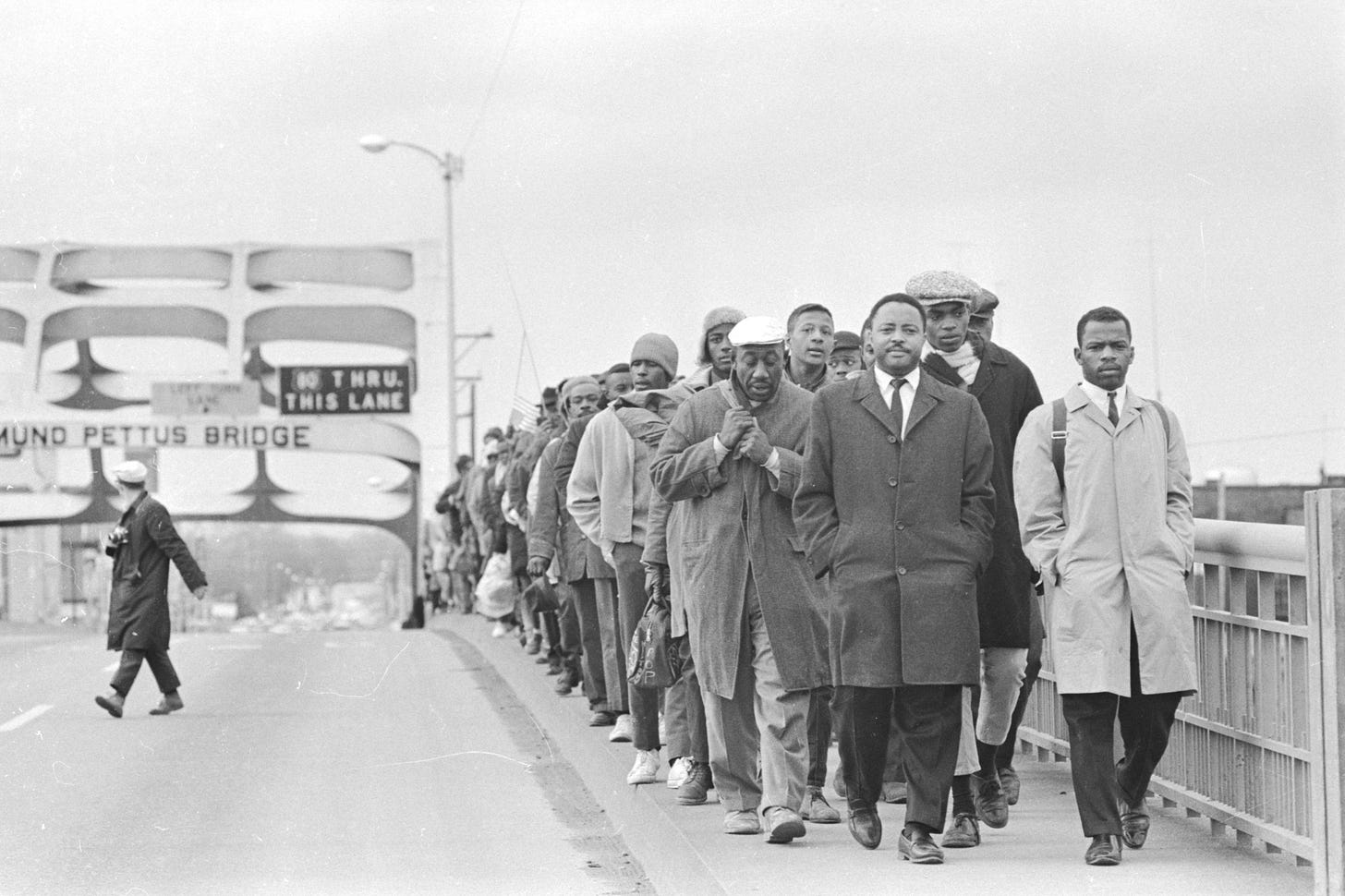 Hosea Williams and John Lewis marching over Edmund Pettus bridge on Bloody Sunday