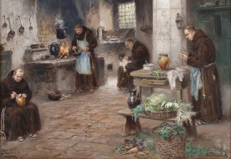 This may contain: an oil painting of people in a kitchen