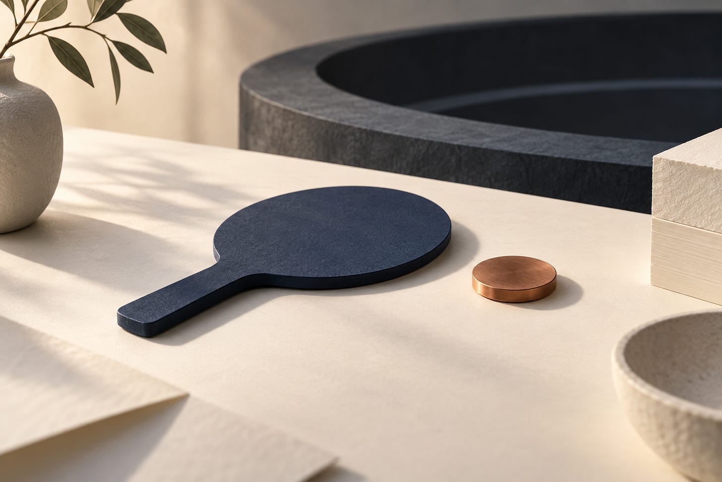 Conceptual still life of a navy bidding paddle and copper token resting on an ivory desk. Conceptual still life of a navy bidding paddle and copper token resting on an ivory desk.