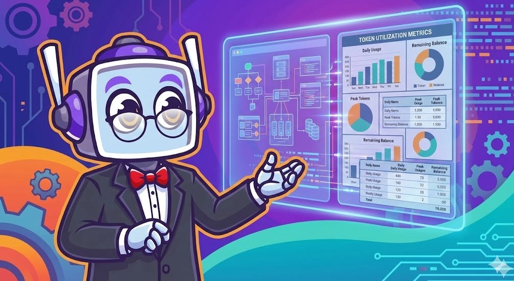 The neuralbuddy robot character in a tuxedo gestures towards a large, split-screen holographic display. The left panel shows a complex system architecture diagram with flowcharts and servers, while the right panel displays various charts and graphs for "TOKEN UTILIZATION METRICS."
