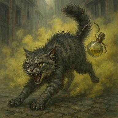 Create an image of the alley cat that Greegan ties Felonious' stinking cloud potion to as it creates chaos in Vallaki. The cat is mid-leap, fur bristling, eyes wide with fury, and a small potion bottle tied to its tail sloshing ominously. The background is a misty town square with guards recoiling in confusion.