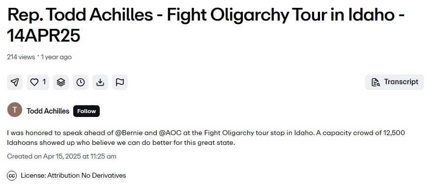 Image of a post by Todd Achilles on Vimeo, celebrating his opportunity to speak with Bernie Sanders and AOC.