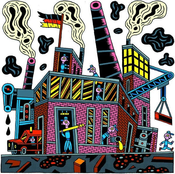 An illustration shows a factory deteriorating from efficiency into a mess.