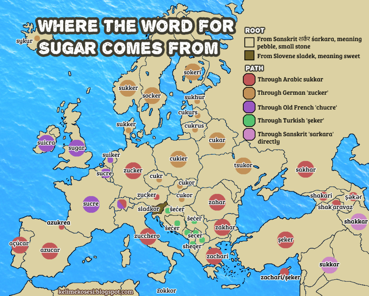 r/MapPorn - [OC] Where the word for sugar comes from in each language! (see comments for quick notes)
