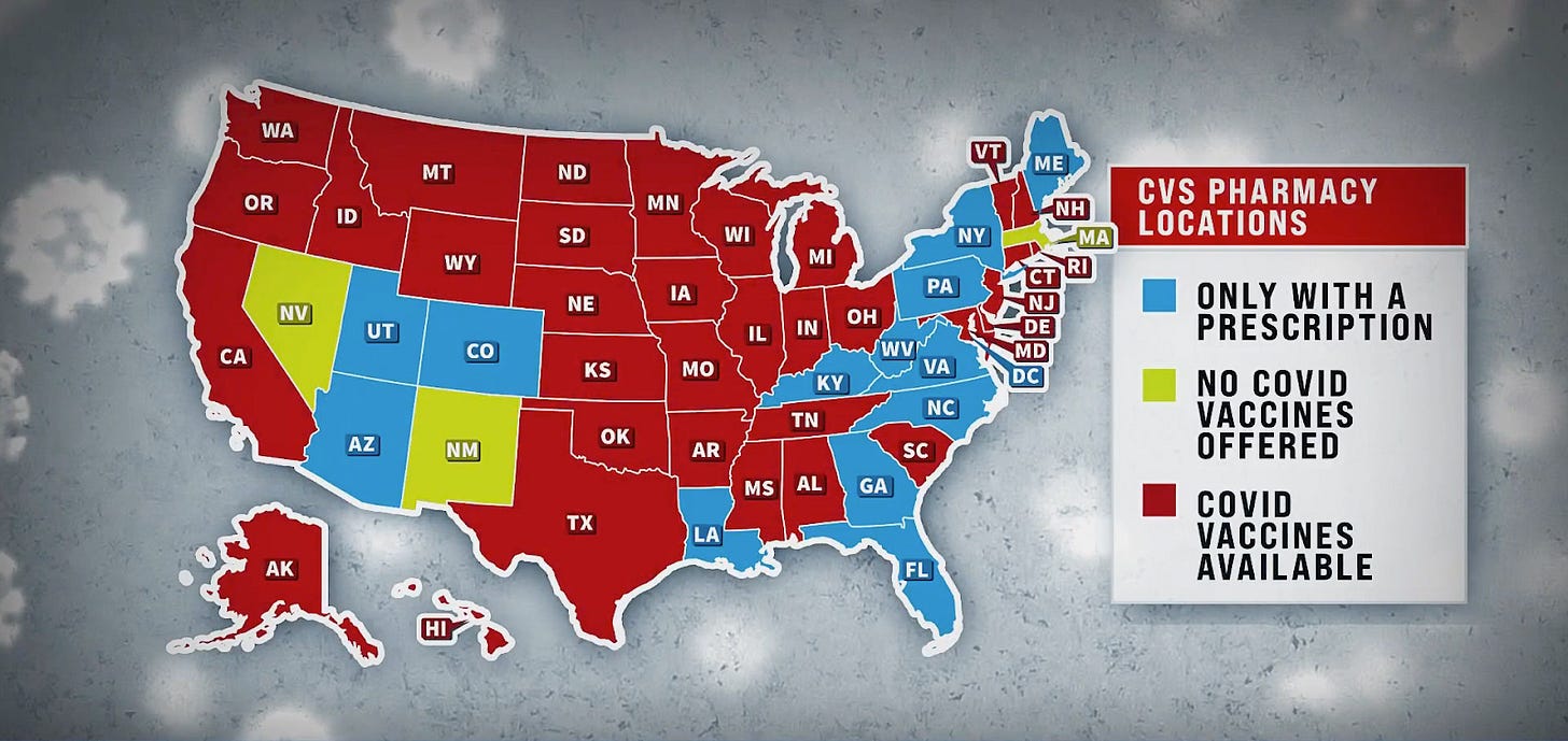A map of the United States color-coded in shades of red, yellow and blue. A key with the heading “CVS Pharmacy Locations” indicates that blue corresponds to states in which COVID vaccines are available only with a prescription, yellow to states where no COVID vaccines are offered, and red to states with COVID vaccines available. Massachusetts, New Mexico and Nevada are yellow. Most of the east coast, Louisiana, Arizona, Utah, and Colorado are blue. The rest of the map is red. Text at bottom reads Map source: NBC News, September 3rd 2025.