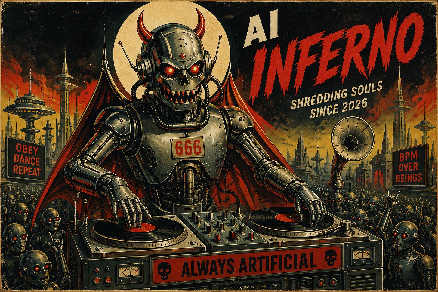 a 3:2 image in the style of 50s/60s sci-fi graphic art that depicts a demonic robot playing the role of DJ. Image created by ChatGPT. a 3:2 image in the style of 50s/60s sci-fi graphic art that depicts a demonic robot playing the role of DJ. Image created by ChatGPT.