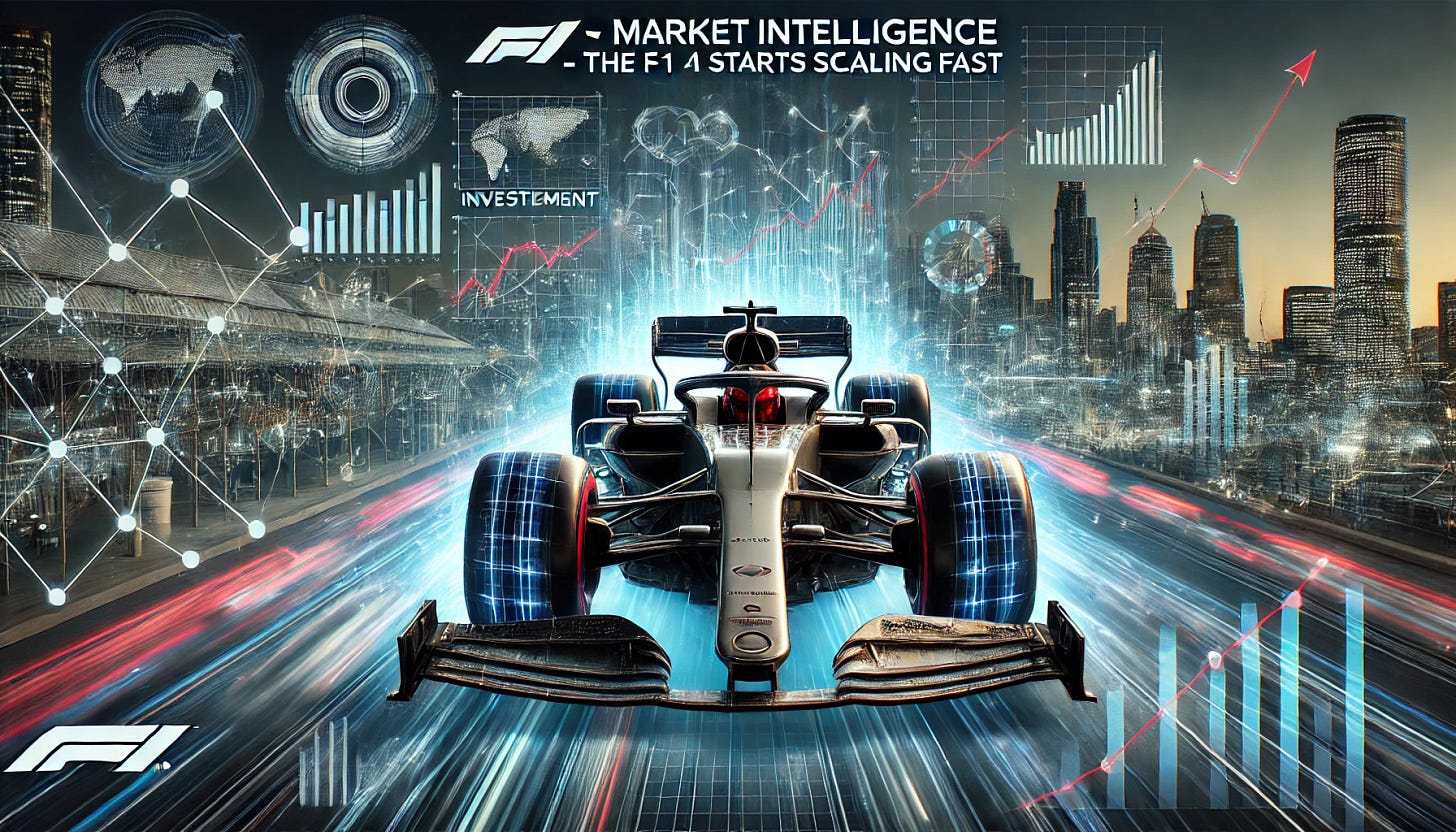 A high-tech Formula 1 car integrated with AI-powered analytics, surrounded by holographic data charts, investment graphs, and futuristic market intelligence dashboards. The image highlights the rapid scaling of AI startups inspired by F1 technology, with a digital cityscape in the background symbolizing industry growth. The atmosphere conveys speed, cutting-edge innovation, and the intersection of AI and high-stakes investing, with a bold title overlay: '📊 Market Intelligence – The F1 AI Startups Scaling Fast'.
