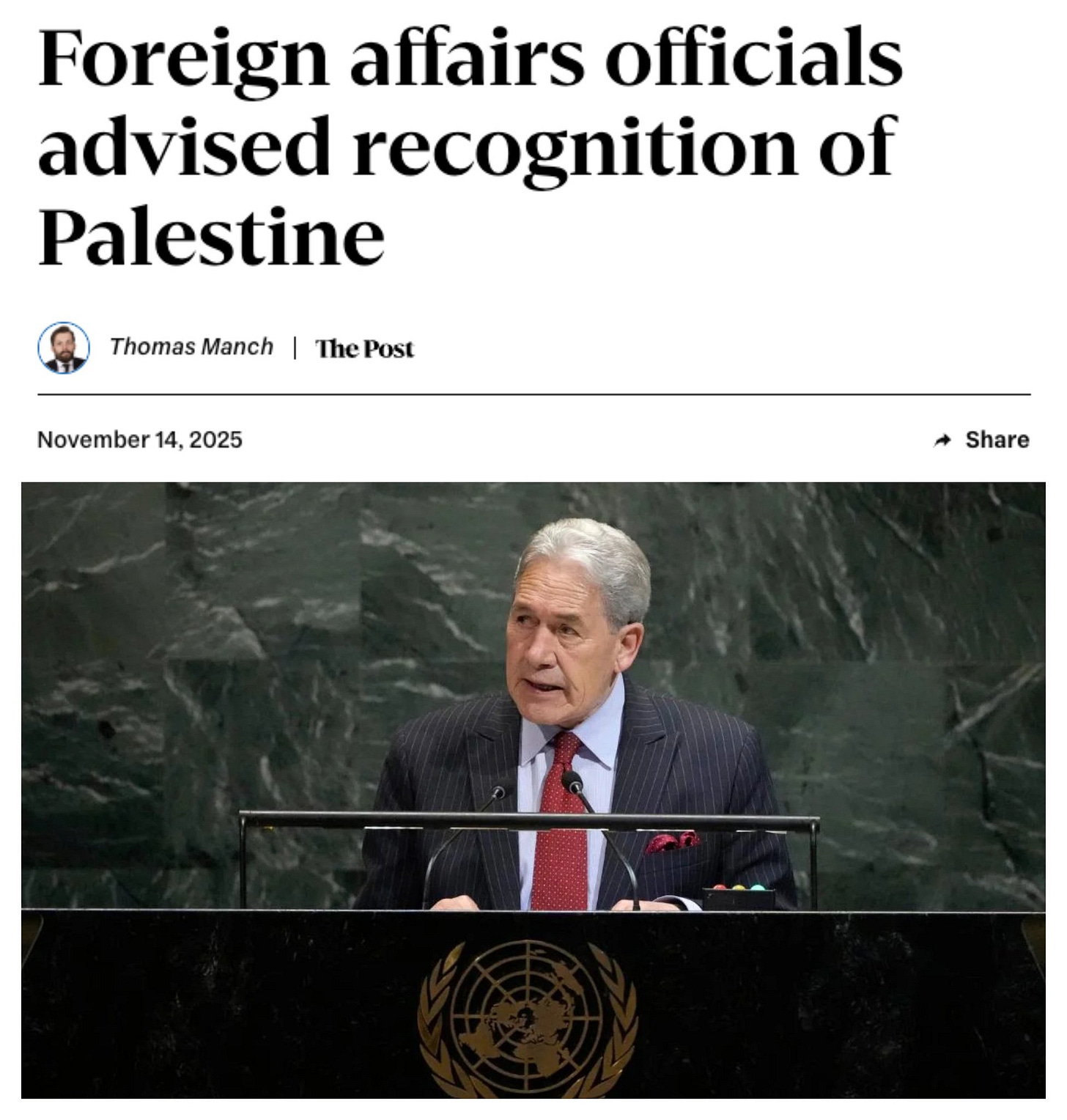 Headline: "Foreign affairs officials advised recognition of Palestine."