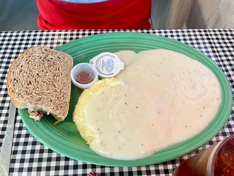 Photos of Tommy's massive plate of chicken fried steak with mashed potato's and gravy and my tasty BLT, and a shot of RV in the campground.
