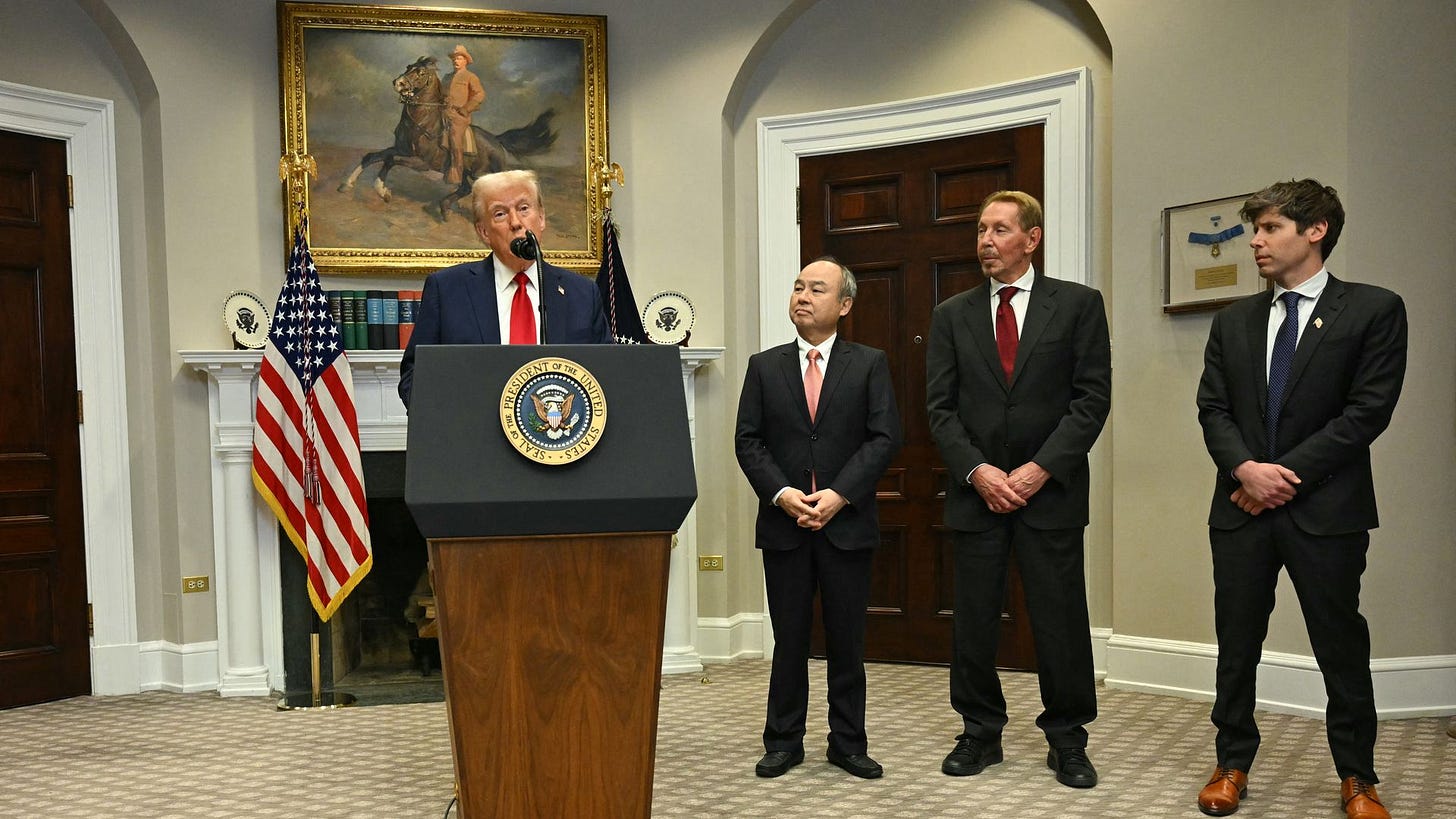 US President Trump speaks in the Roosevelt Room flanked by Masayoshi Son (2L), Chairman and CEO of SoftBank Group Corp, Larry Ellison (2R), Executive Charmain Oracle and Sam Altman (R), CEO of Open AI at the White House on January 21, 2025, in Washington, DC. (Photo by Jim WATSON / AFP) (Photo by JI