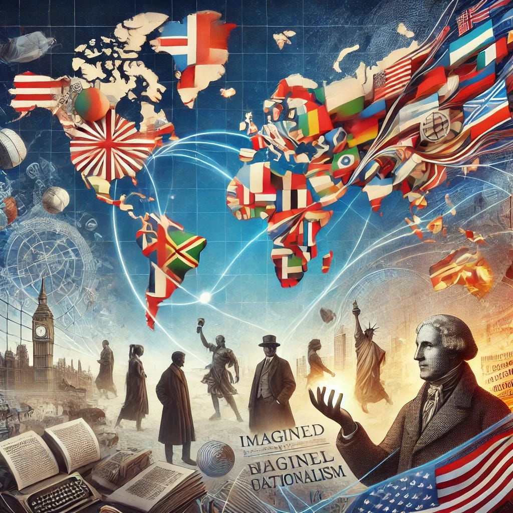 A conceptual image representing Benedict Anderson's theory of imagined communities and nationalism. The image includes a map of the world in the background, symbolizing global nations, with floating books, newspapers, and letters symbolizing print capitalism. Figures in different ethnic and cultural attire are shown connected by invisible lines or abstract waves, representing the imagined connections between people in a nation. The image evokes a sense of unity, national identity, and shared imagination.
