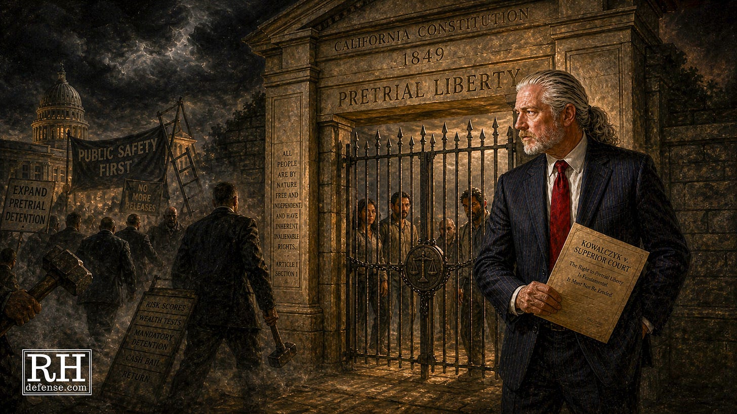 Rick Horowitz holds the Kowalczyk v. Superior Court opinion before a stone gate inscribed "California Constitution 1849 — Pretrial Liberty," as a hammer-wielding crowd carrying "Public Safety First," "Expand Pretrial Detention," and "No More Releases" placards advances from the left under a stormy sky, with the State Capitol dome in the distance.