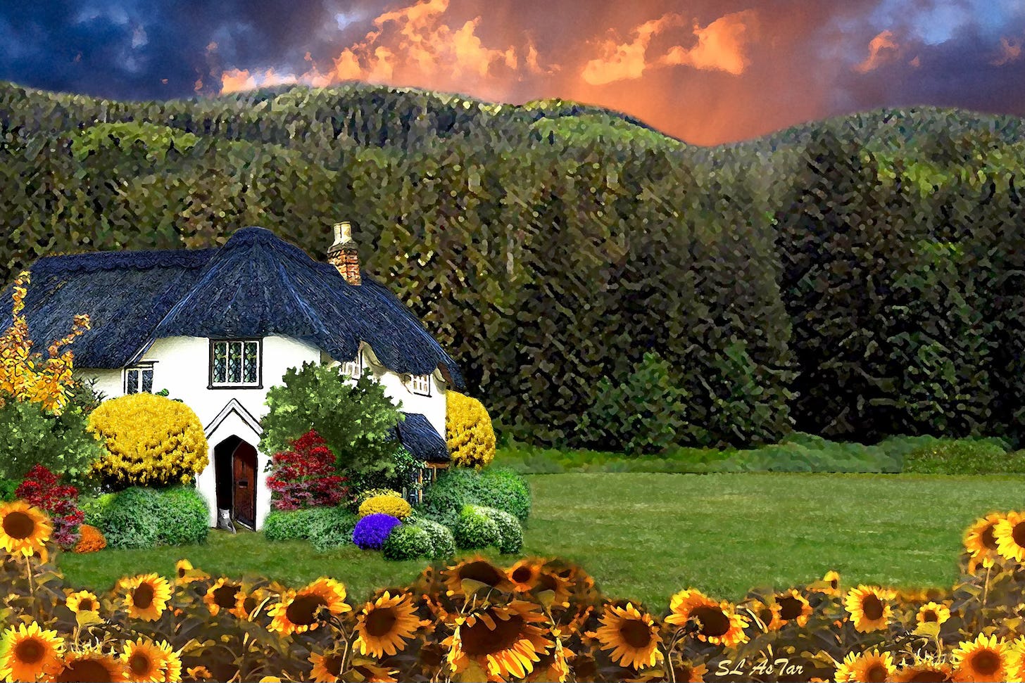 A white cottage with a thatched roof sits amid colorful bushes and sunflowers, with a dense forest and dramatic, fiery sunset sky in the background.