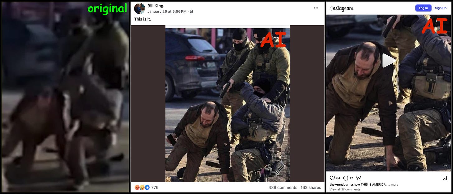 original image from video of Alex Pretti shooting, and AI-altered high resolution versions with imaginary details added