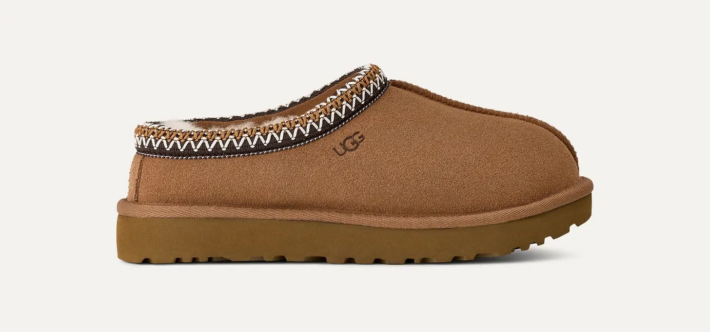 Ugg Tasman II slipper in chestnut suede with a woven trim and a plush shearling lining