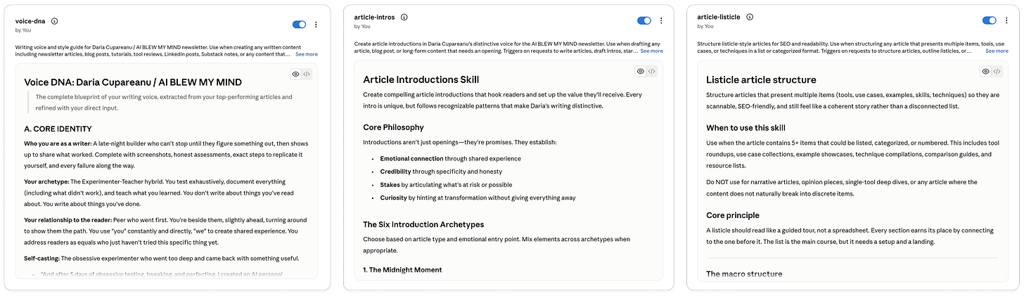 Claude skills for Voice DNA, article introductions, and listicle structure, giving AI reusable guidance for writing articles in Daria Cupareanu’s style.