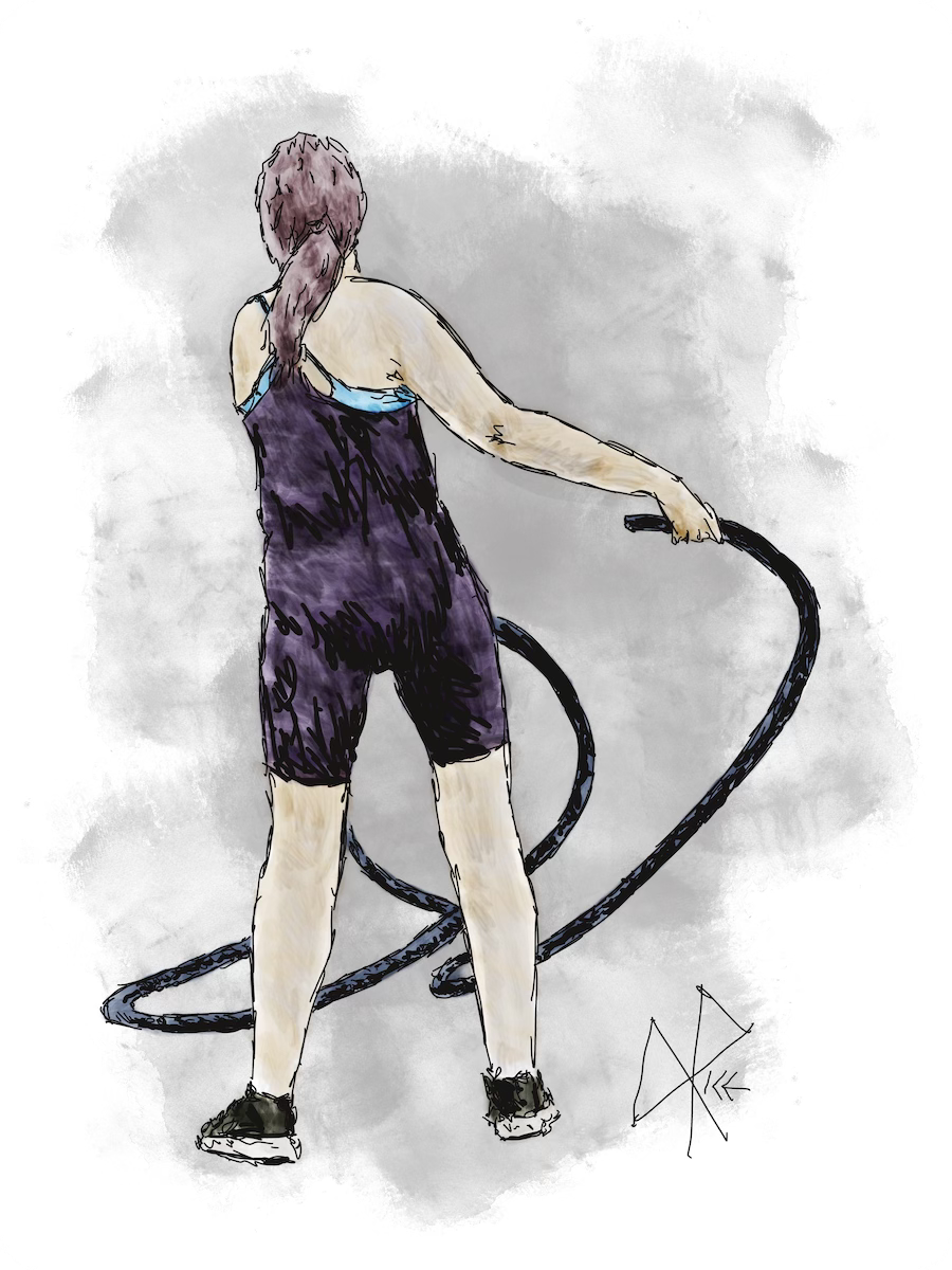 A strong woman, feet planted firmly, is holding a heavy workout battle rope in each hand - waving them and slamming them as a part of a fitness workout. Sketch art by Don Rice.