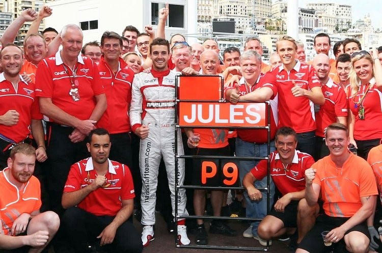 Jules Bianchi and his team celebrating a spectacular P9 finish in the 2014  Monaco GP. : r/formula1
