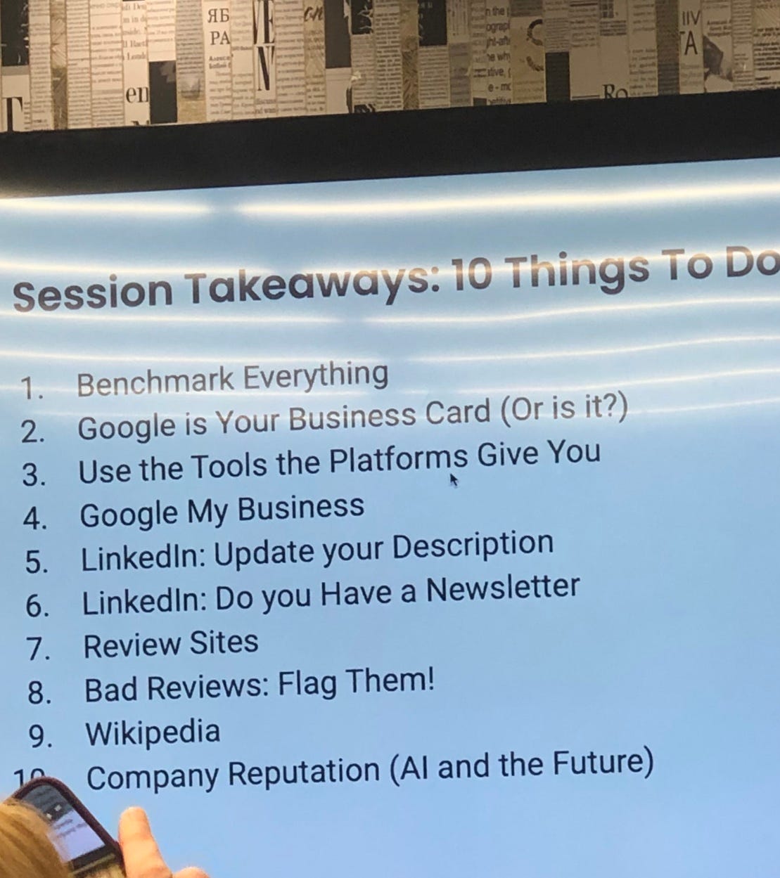 Josh Greene from The Mather Group presenting a slide titled “10 Things You Should Do” at the 2026 Small Giants NYC Conference.