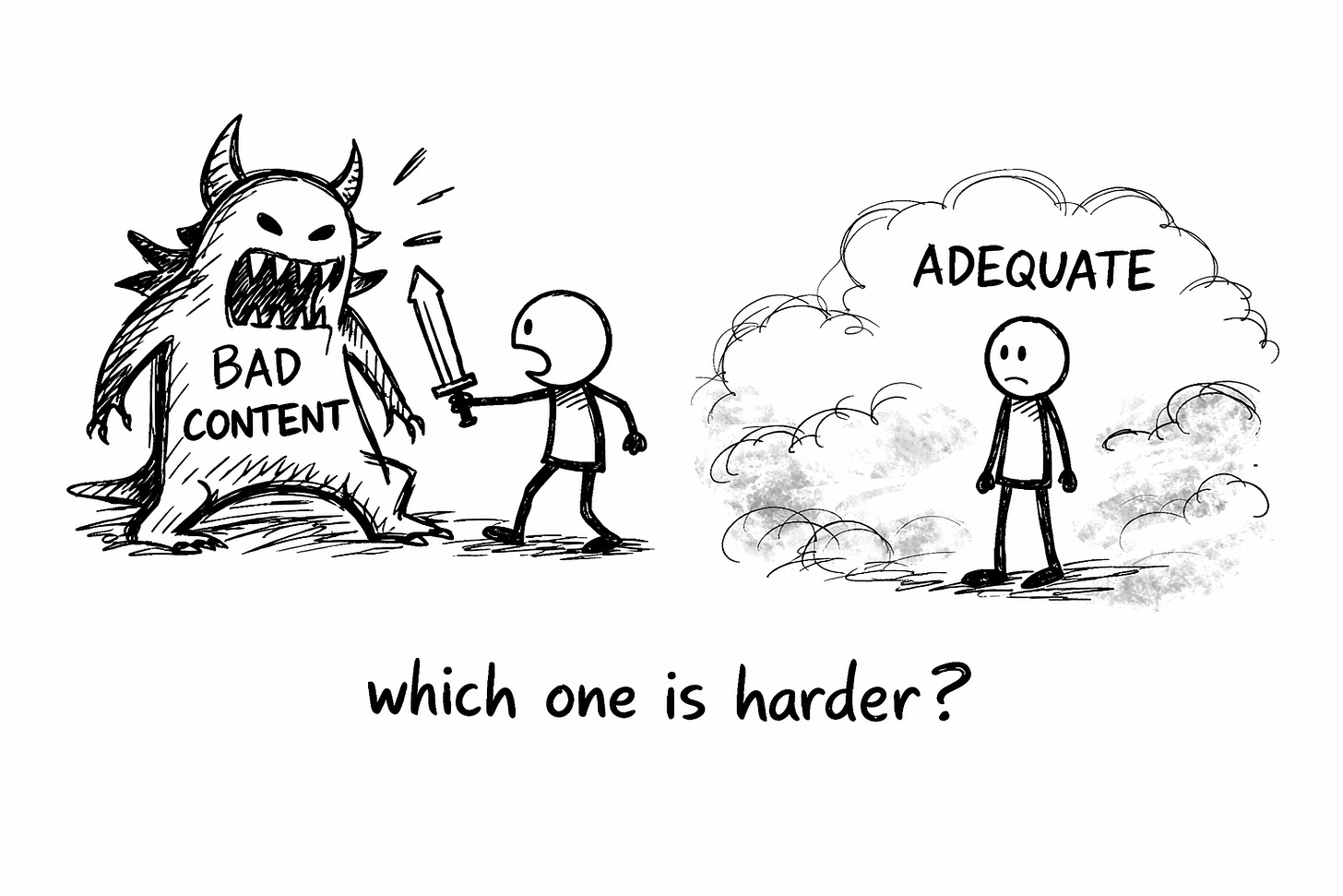 Hand-drawn whiteboard sketch showing one stick figure fighting a monster labeled “bad content” and another standing lost in fog labeled “adequate,” highlighting how mediocre AI writing is harder to overcome than obvious mistakes. Hand-drawn whiteboard sketch showing one stick figure fighting a monster labeled “bad content” and another standing lost in fog labeled “adequate,” highlighting how mediocre AI writing is harder to overcome than obvious mistakes.
