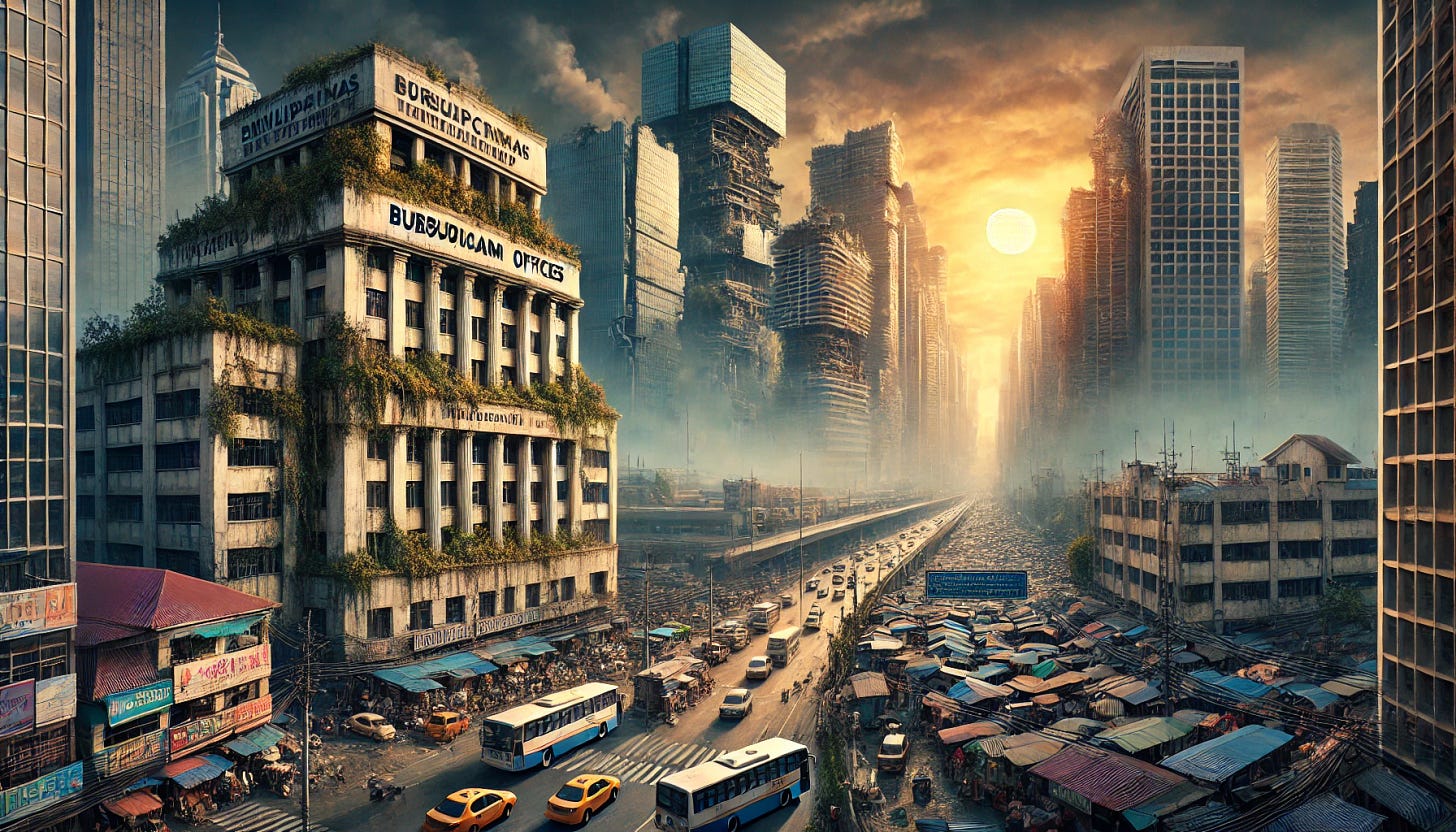 An artistic depiction of a dystopian Philippine urban landscape in the 2030s, showing towering skyscrapers partially in ruins, surrounded by chaotic streets filled with stagnant traffic and overcrowded markets. Bureaucratic offices appear overgrown with vines and neglected, symbolizing inefficiency and collapse. The scene includes a contrast of a dilapidated government building next to modern yet disorganized constructions, under a smog-filled sky with a setting sun casting an eerie glow. A sense of economic and structural decay permeates the atmosphere.