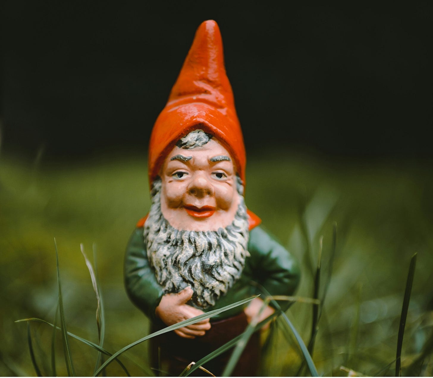 Photo of a garden gnome standing in the grass with an orange hat.