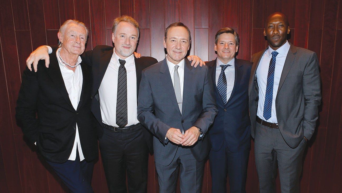 From left Joel Schumacher, David Fincher, Kevin Spacey, Ted Sarandos and Mahershala Ali at the House of Cards premiere afterparty in 2013.