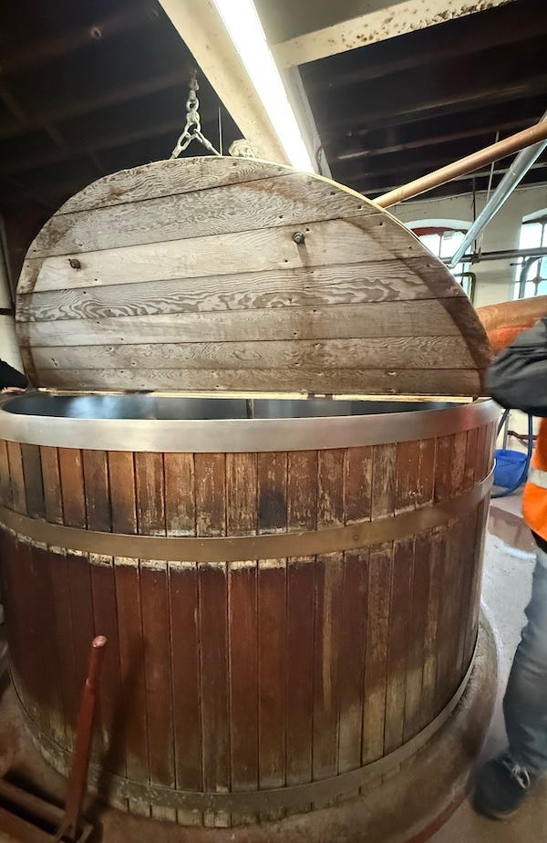 (R) One of Hook Norton's mash tuns. (L) The sparger within the mash tun