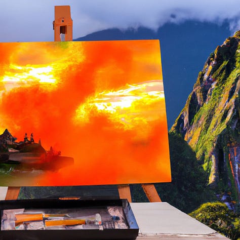 Landscape paintings of Machu Picchu on fire being painted on an easel on Machu Picchu