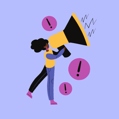 A woman holding a large megaphone and shouting through it