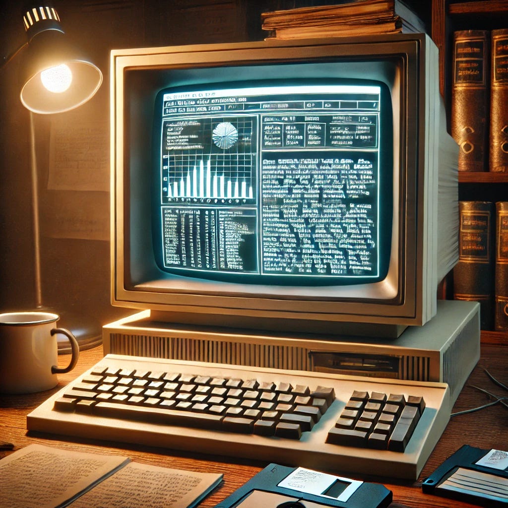 A glowing retro computer screen (1980s style CRT monitor) displaying a research paper. The screen shows a detailed, black-and-white academic paper with sections, charts, and citations, using a typewriter-style monospaced font. The computer is placed on a cluttered wooden desk with old books, floppy disks, and a coffee mug. The room has a dim, nostalgic lighting with a warm glow coming from the monitor.