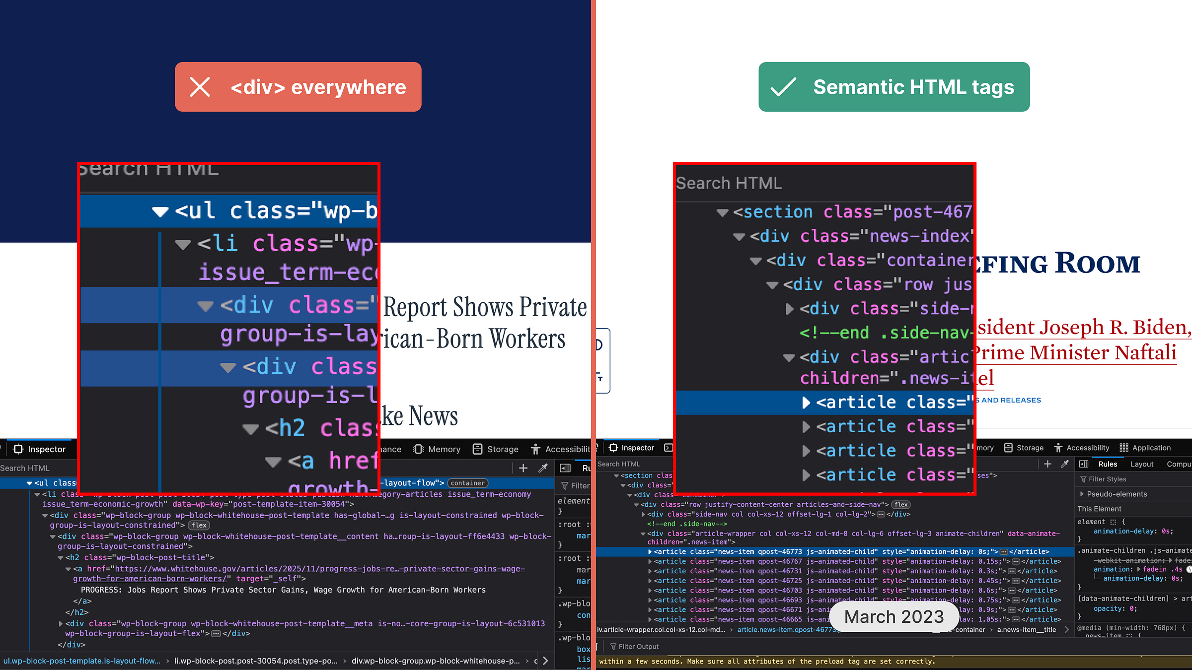 On the left, screenshot of the White House website from November 2025 depicting source code and caption reading <div> everywhere. On the right, the screenshot from March 2023 with semantic HTML tags in code.