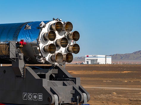 The Zhuque-3 first-stage booster test article ahead of the static fire test.