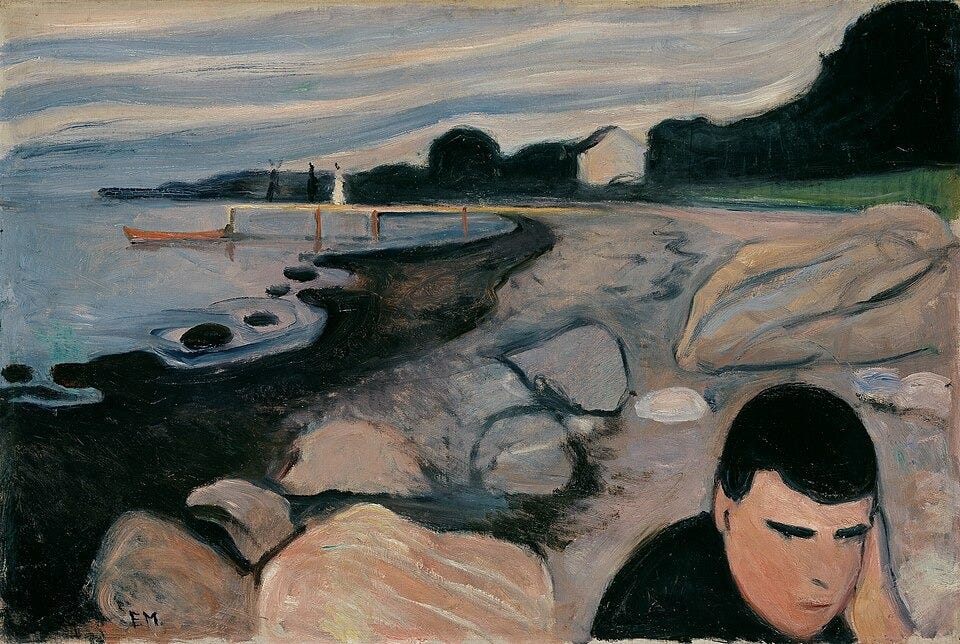 Edvard Munch, Melancholy (1894-96). Public domain, via Wikimedia Commons.