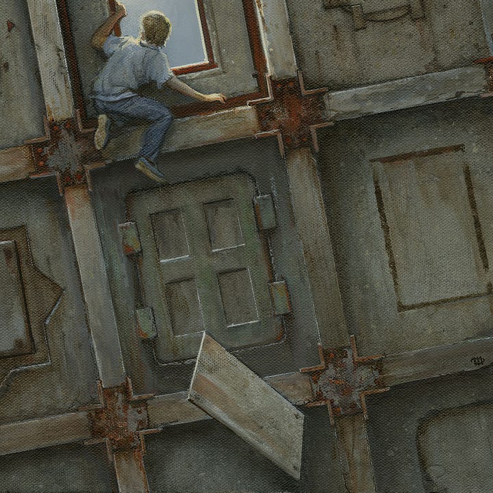 LEFT: Detail from OUTLOOK featuring the panel that had been covering the now open window tumbling past lower segments of the wall. The hatch directly below is reminiscent of a four panel door, barred by four blocks placed even between the left and right edges. The material of the discarded panel is uncertain—perhaps wood but possibly metal or concrete. Shadowed dots at each corner hint at where it was nailed or bolted through to the wall. A wash of rust colors the face in streaks.  RIGHT: Figure detail from OUTLOOK featuring a blonde boy of about 10 resting on a ledge of concrete to peer out an open panel to the sky. The opening is framed in rusted metal. We see him lit by the sun from behind as he holds onto the frame with his left hand. On his knees with one leg not quite finding purchase, he searches for balance with his right hand. He wears blue jeans and sneakers with a lighter blue shirt.