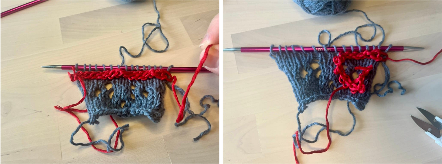 A hand pulling a red yarn tail away from a knitted swatch, the waste yarn beginning to come free. A knitted swatch on a needle with most waste yarn removed; a small curl of red yarn sits to the side. 