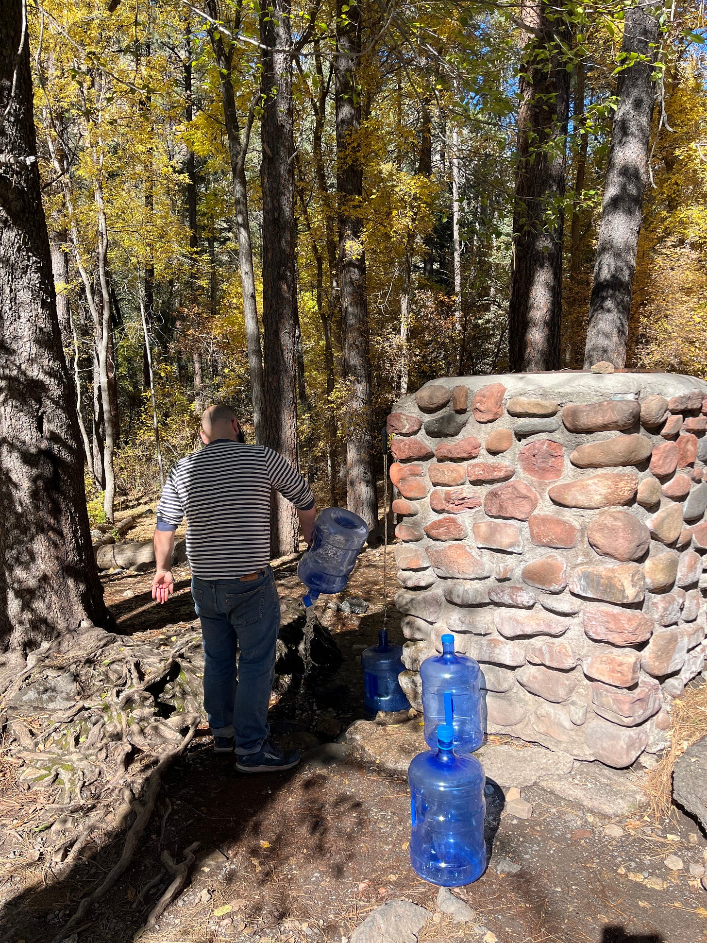 Natural artesian water flowing from the historic stone collection box at Harding Spring in Oak Creek Canyon, Sedona.